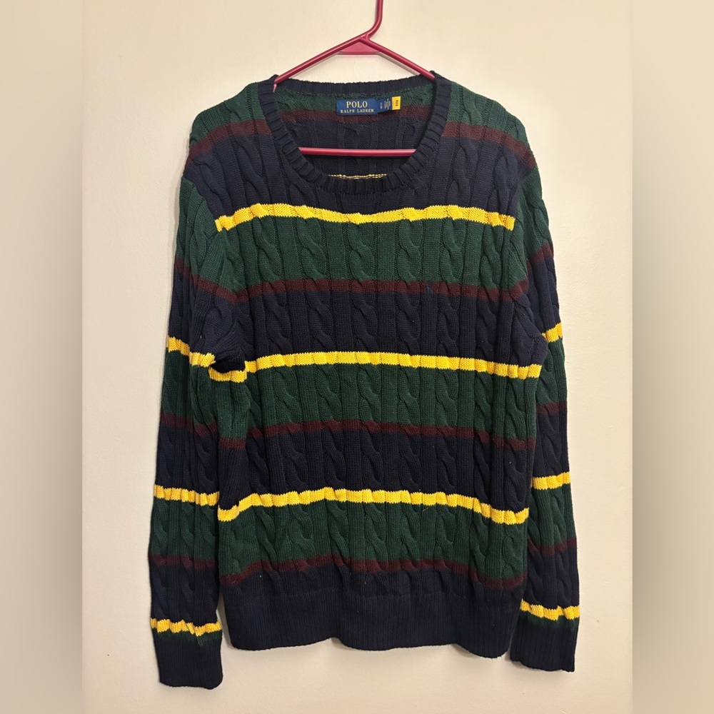 Ralph Lauren Navy, Green & Yellow Striped Cable Crewneck - Picture 2 of 5